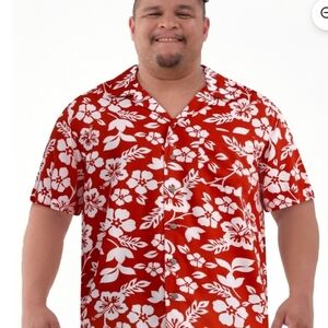 George Red and White Hawaiian Floral Short Sleeve Button Down Shirt